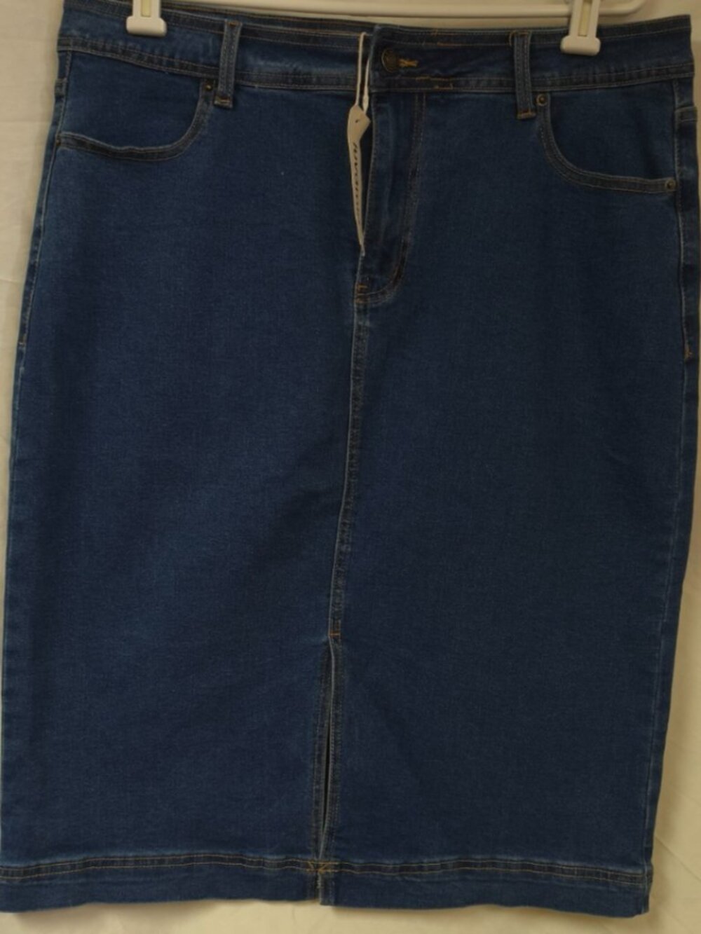 NWT luvamia Women XL Stretch Dark Wash Midi Front Split Denim Skirt W34 X L26